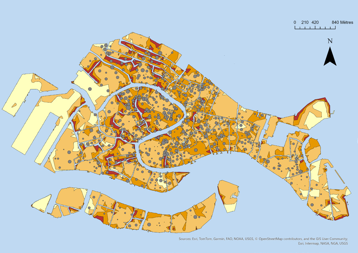 Carte de Venise — vulnérabilité altimétrique et densité Airbnb